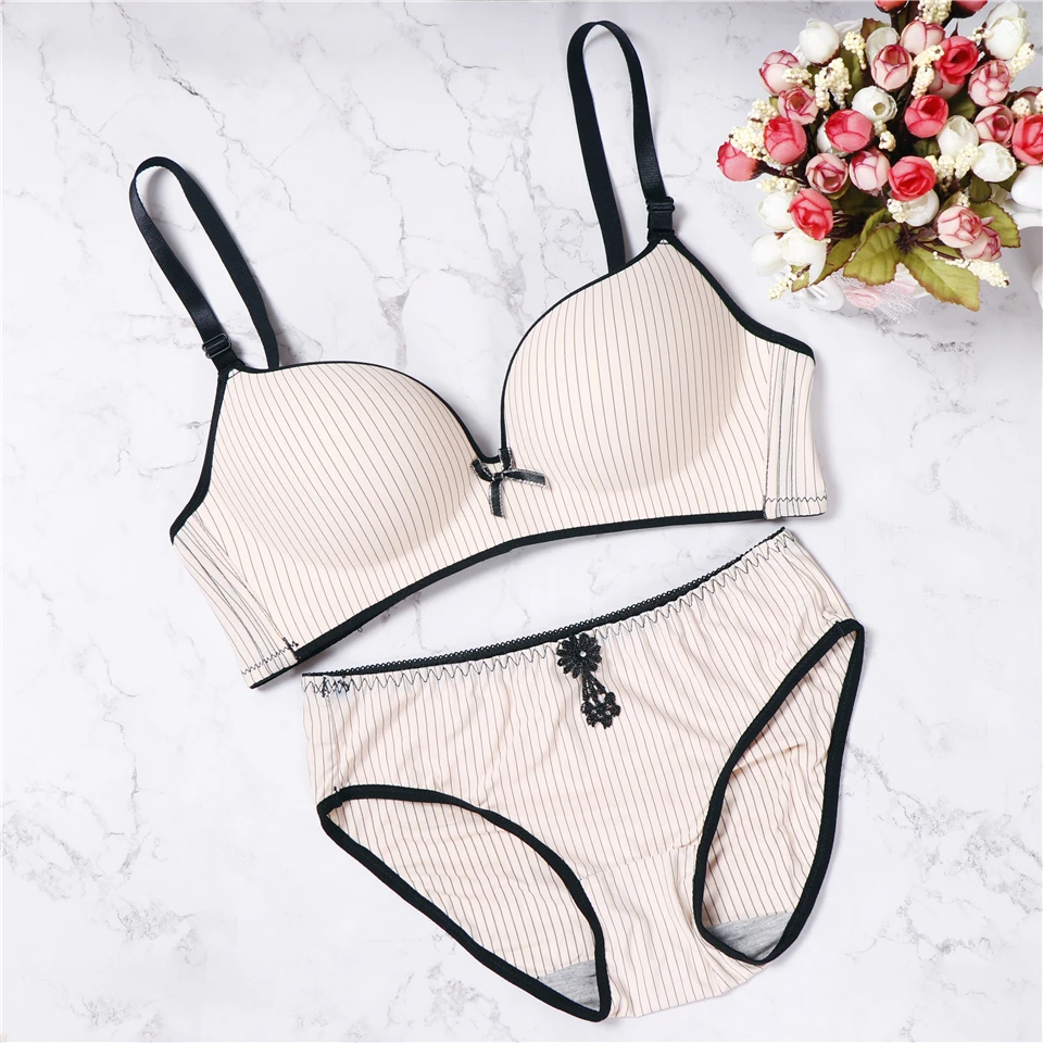 2018 women's underwear set push up wire free soft bow lingerie seamless breathable stripes bra and panties | Женская одежда