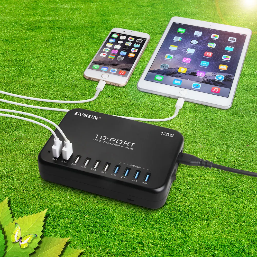 LVSUN 120 Вт 5 в 24 а 10 портов USB зарядное устройство и концентратор 2 0 чипсет с