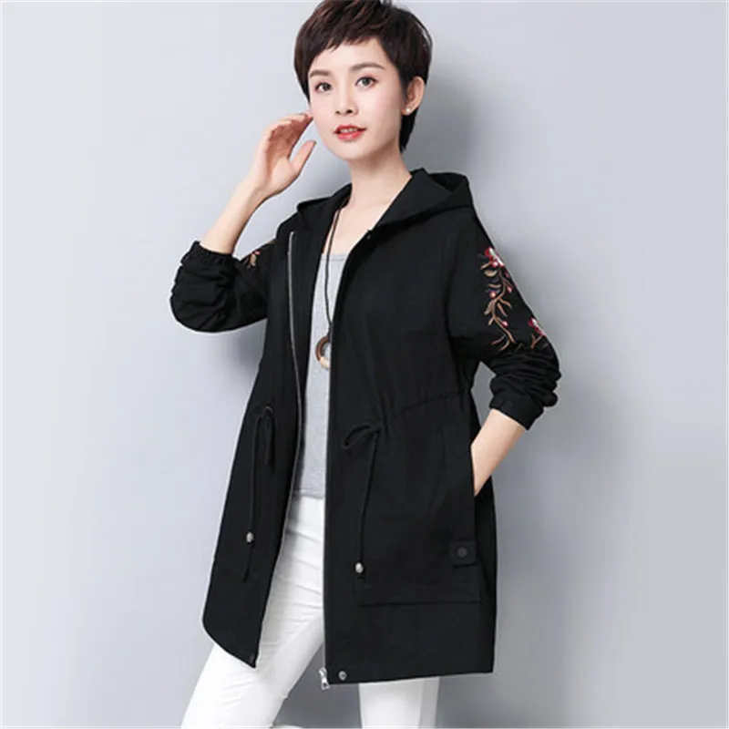 2020 New Spring Autumn Korean Hooded Long Trench Coat Women Large Size Embroidery Windbreaker Female Middle-aged Overcoats 5XL | Женская