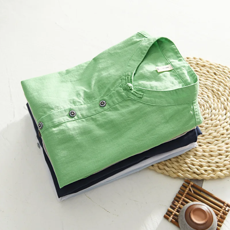 Рубашка мужская с воротником-стоечкой модная льняная сорочка короткими рукавами