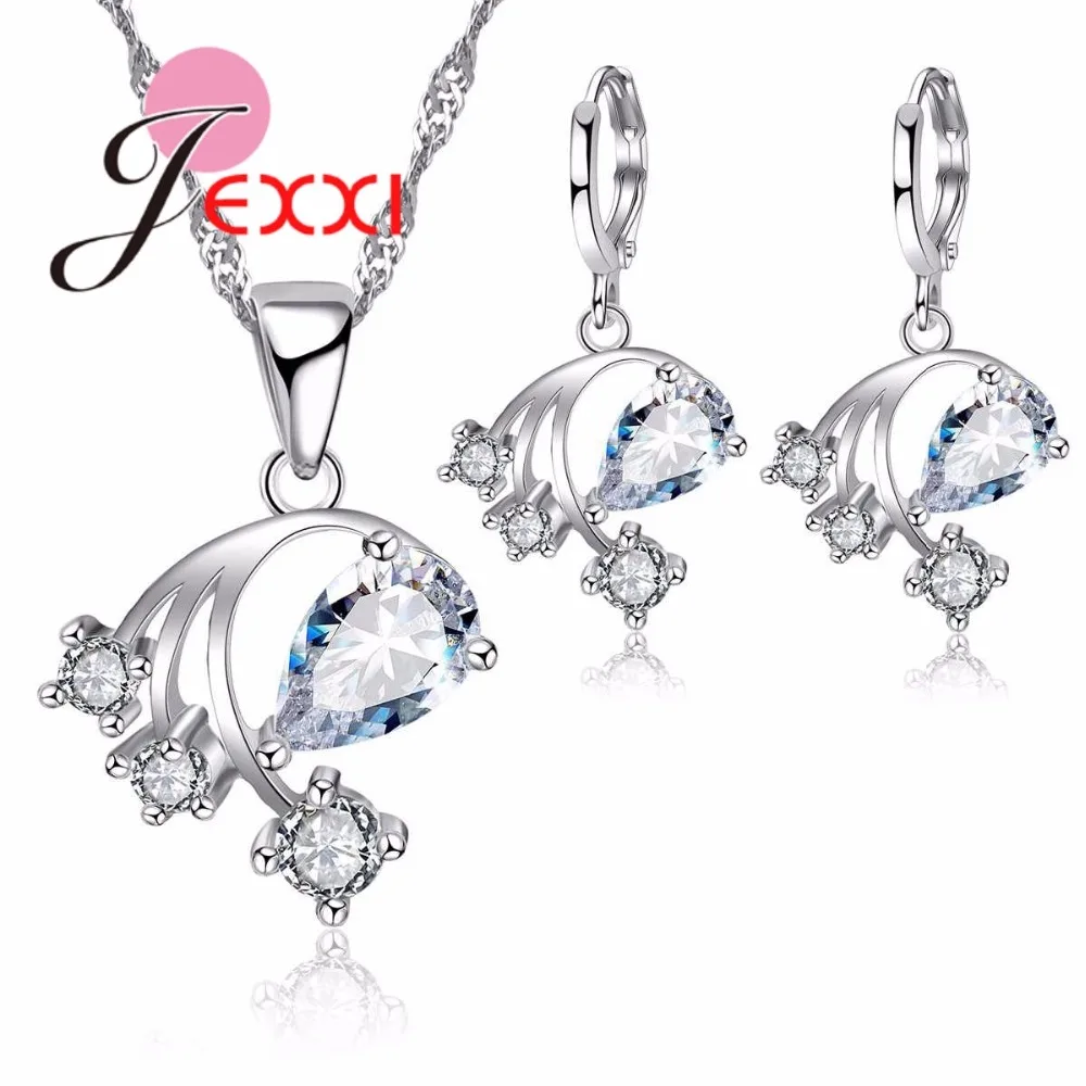 

925 Sterling Silver Bridal Jewelry Sets for Women Shiny AAA CZ Crystal Flower Design Necklace Pendant Hoop Earrings