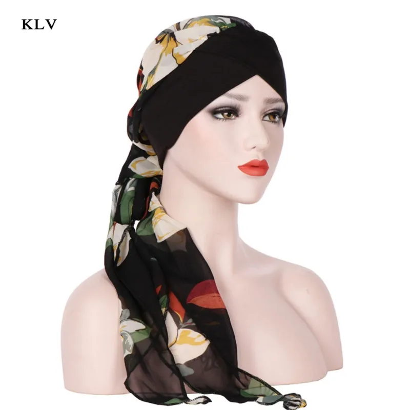Black Женский платок на голову химиотерапия шляпа мусульманский тюрбан предварительно привязанные Цветы Печатные головные уборы бини покрывала Лето головной убор шифон - Цвет: Black