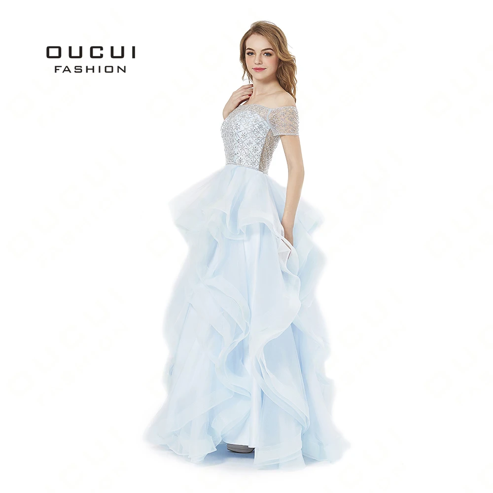

Real Photos Organza Fabric Beading Prom Dresses Elegant Handwork Strapless Ruffles Party Gown Evening Women BL1815