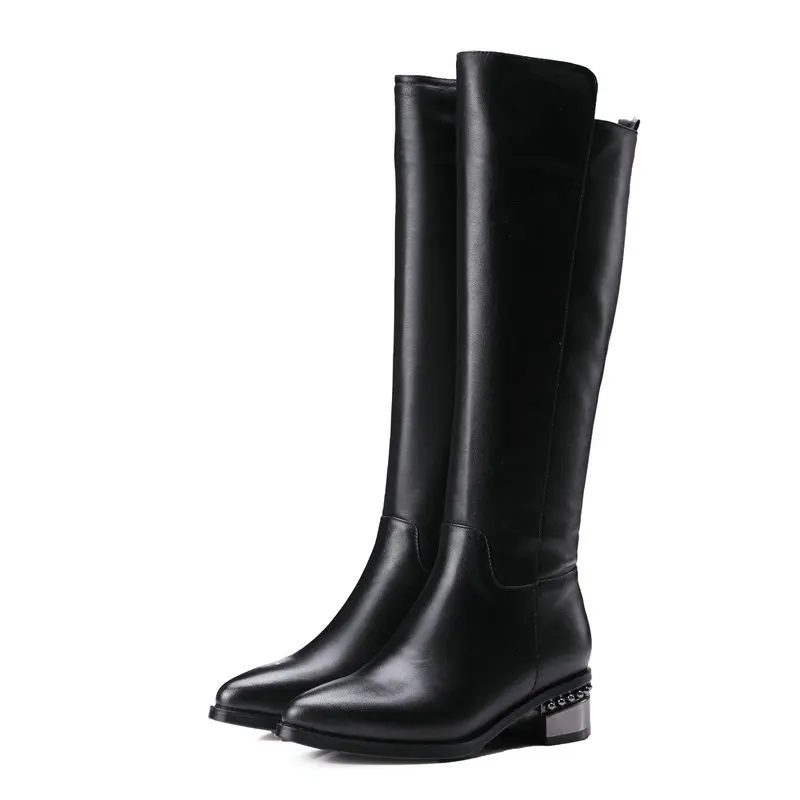 Сапоги до колена из натуральной кожи женские ковбойские сапоги черного цвета на низком каблуке г. Осенне-зимние сапоги с острым носком, женская обувь размер 34-43