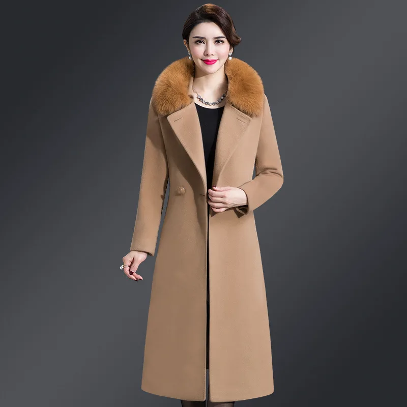 

2018 spring temperament wool coat female long paragraph imitation fox fur collar double-sided cashmere coat