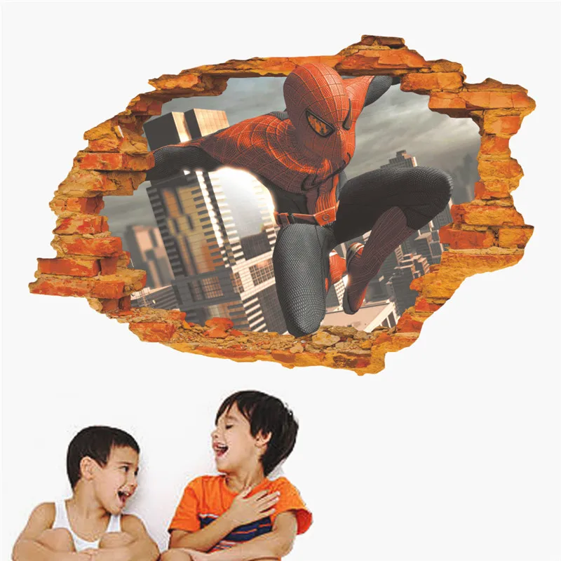 Cartoon 3d Effect Broken Brick Spiderman Wall Sticker For Kids Rooms Children's Decals Boy's Room Decor Mural Poster gift | Дом и сад