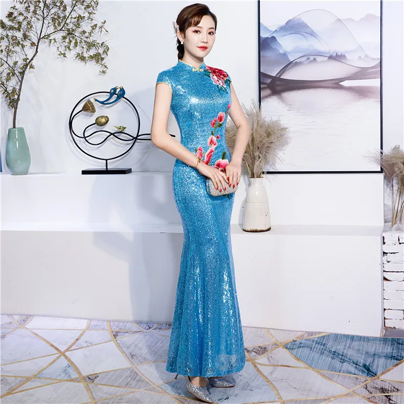 Светло голубое платье Ципао Восточное женское свадебное с коротким рукавом для