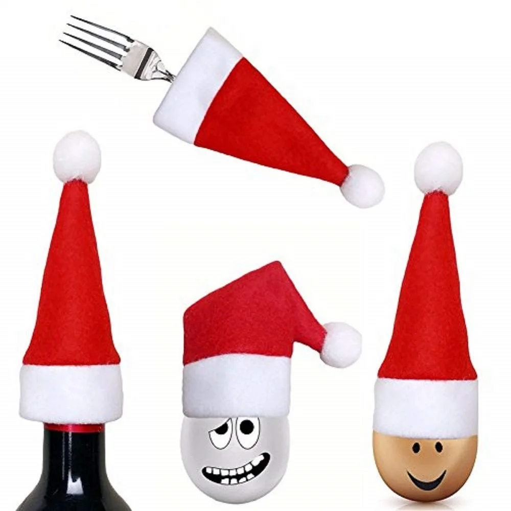 New Year 10PCS Christmas Hat Silverware Holder Xmas Mini Red Santa Claus Cutlery Bag Party Decor | Дом и сад