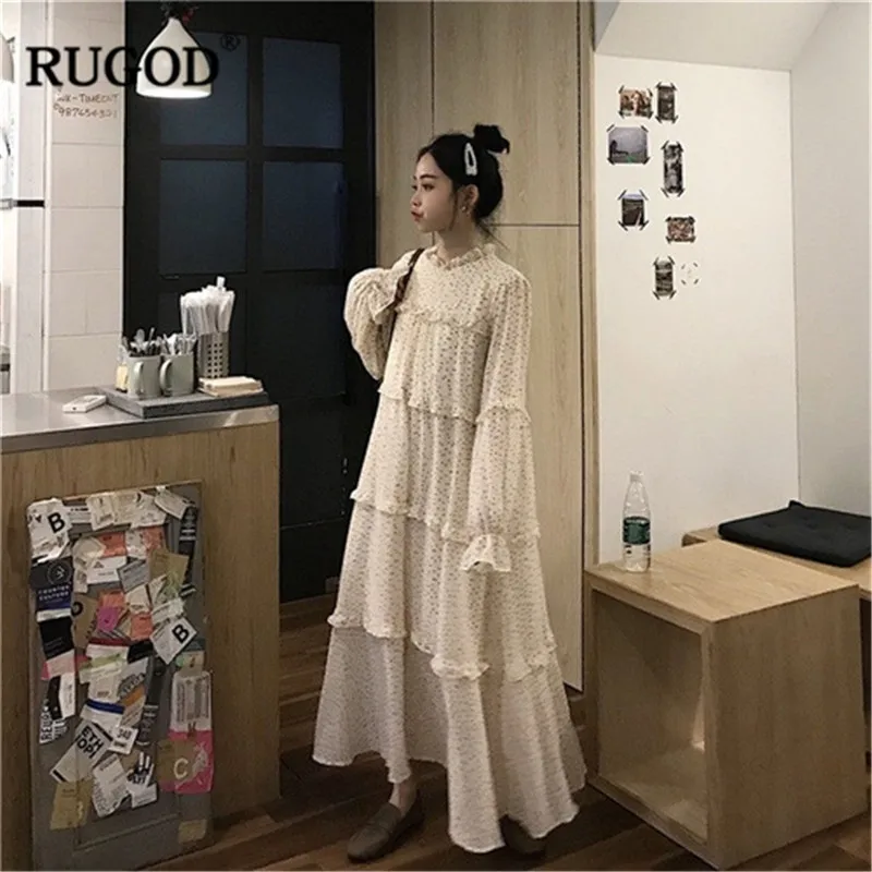 RUGOD 2019 женское платье с цветочным принтом рукава-фонарики миди свободное