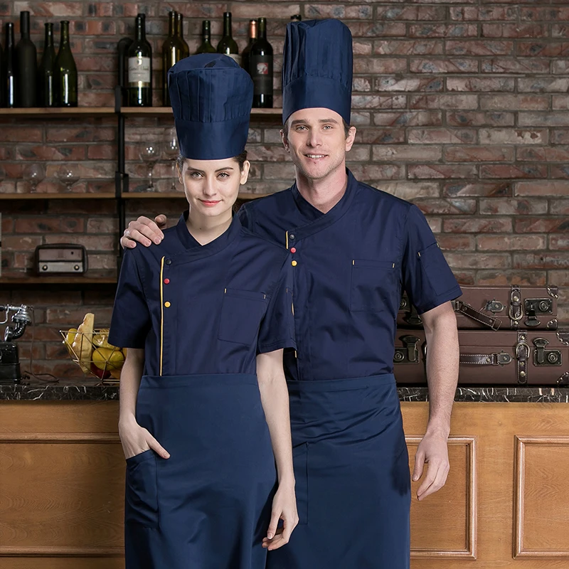 Blue Полосатая Модная Куртка поварская с короткими рукавами форма офицантки профессиональная одежда летняя кухня Зебра элемент рубашки в стиле унисекс - Цвет: Blue