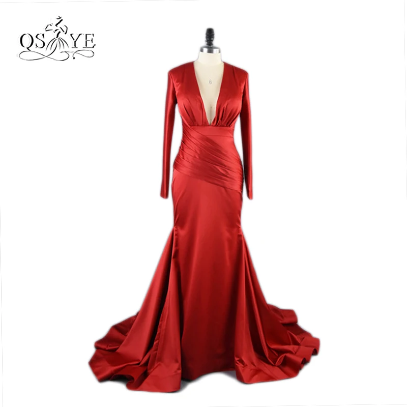 Настоящие фотографии красные атласные платья русалки 2017 сексуальные с глубоким v
