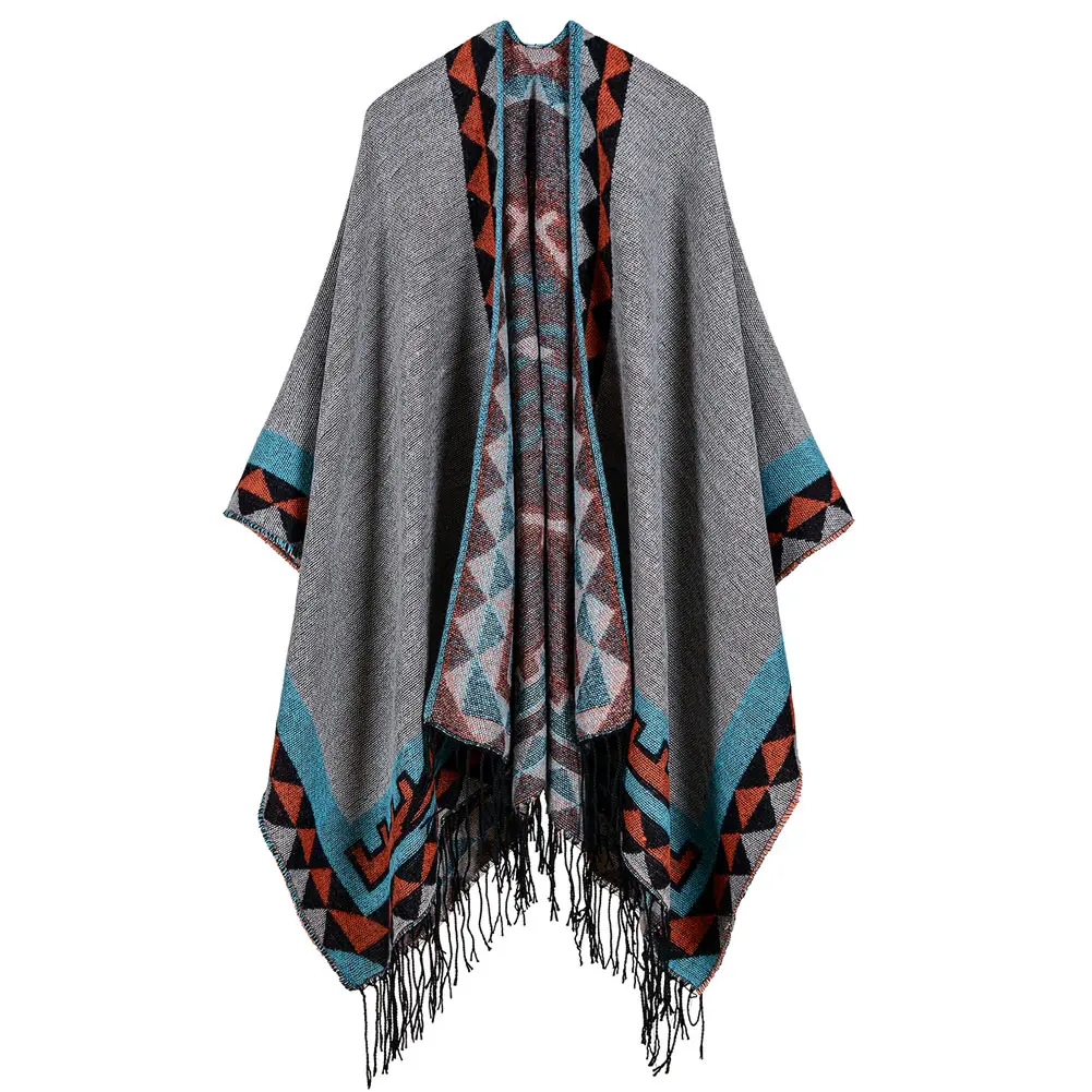 Anself Boho Для женщин вязаный кардиган пончо зима геометрический узор кисточкой длинный кардиган негабаритных свитер теплая накидка