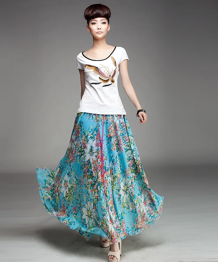 

New Summer Women Maxi Chiffon Long Skirt Vintage Floral Printed Casual Bohemian Skirt Slim Chiffon Pleated Skirt