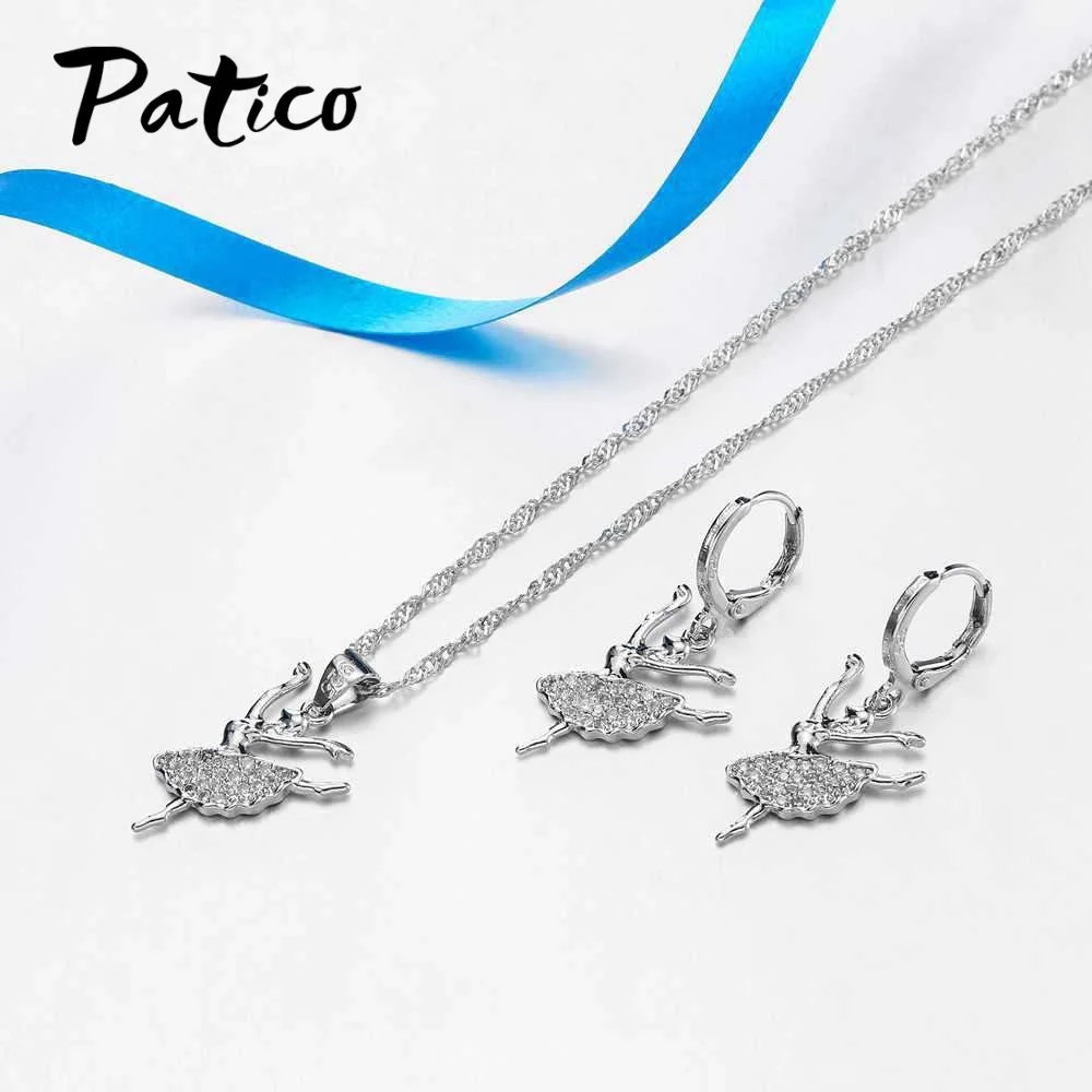 

925 Sterling Silver Cubic Zirconia Cute Beauty Girl Dance Action Necklace Earrings Anniversary Gifts For Fashion Girls