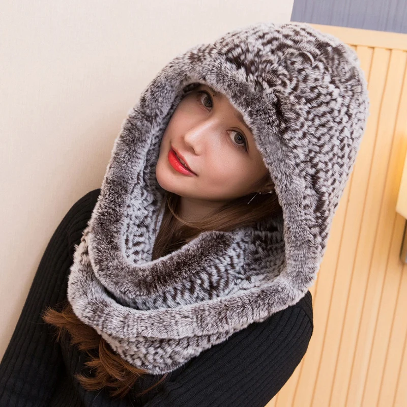 7 ZDFURS* Женская настоящая вязаная шапка из меха кролика Рекс шарф с капюшоном Длинная зимняя теплая меховая шапка с шейным воротником шарфы - Цвет: 7