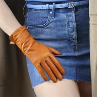 pure sheepskin genuine leather woman gloves light brown european version slender fingers female basic style warm mittens tb83