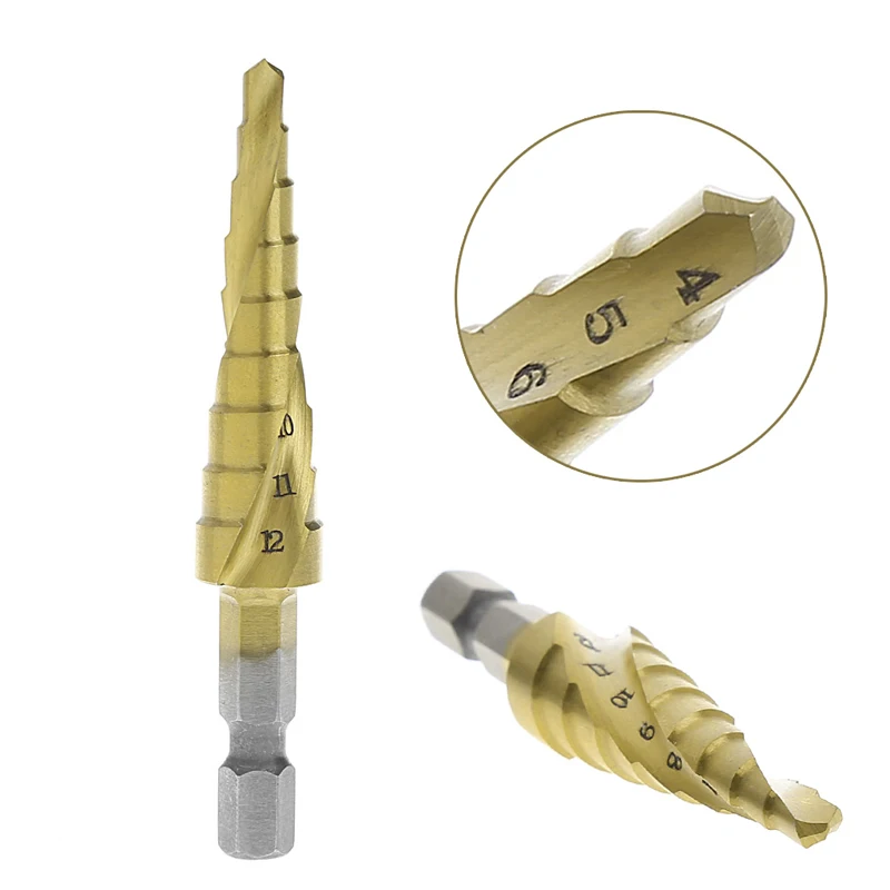 

HSS Spiral Grooved Step Cone Drill Bit 1/4" Hex Shank Metal 4mm-12mm Hole Cut