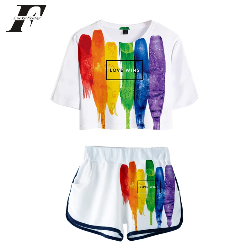 Женский Радужный костюм двойка футболка + шорты модный сексуальный спортивный в