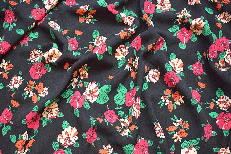 2018 Высокое качество Черный цветочный принт шифон сатин ткань мягкая удобная для
