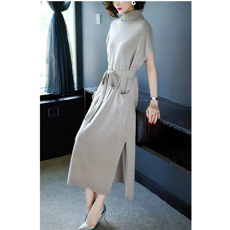 Осенние женские длинные стиль свитер Повседневное более до колен платье-свитер Элегантный Высокий воротник Длинные Стиль пуловеры