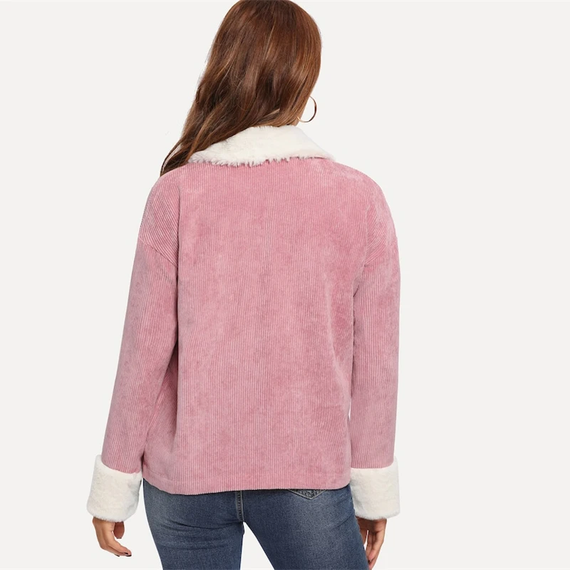 SHEIN Вельветовая Куртка С Контрастным Эко Мехом Женская Осенняя Повседневная Куртка С Длинными Рукавами И Карманами