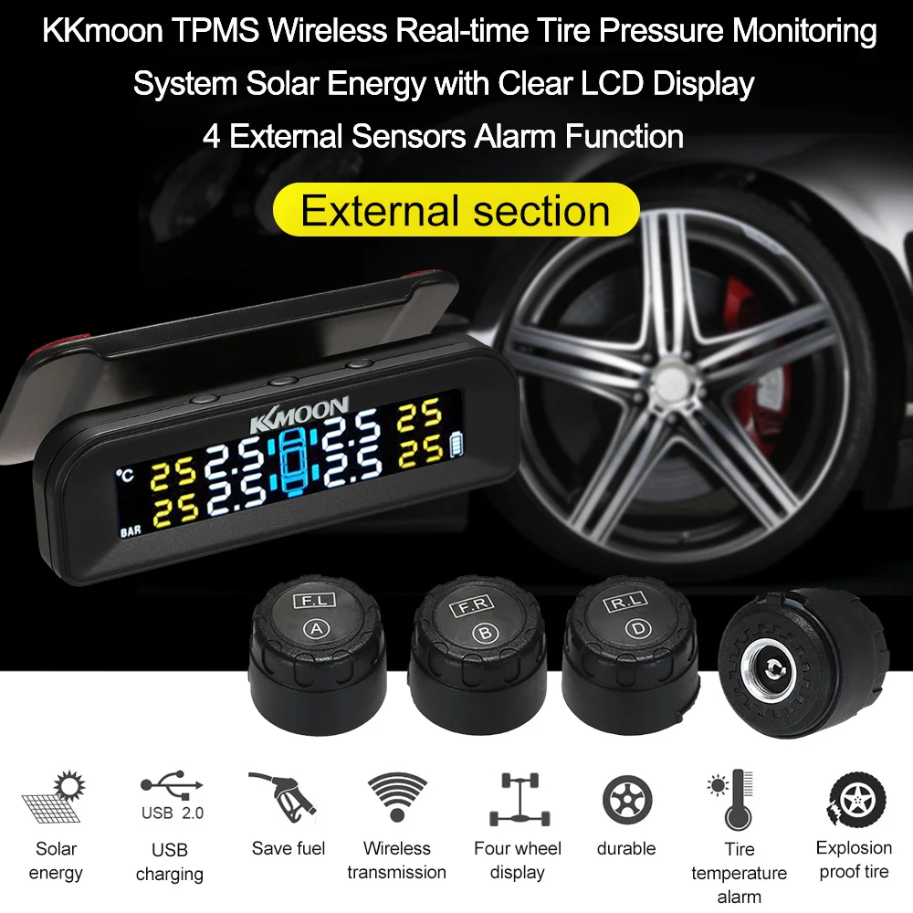 Лобовое стекло солнечной энергии USB TPMS автомобильная система контроля давления в шинах ЖК-дисплей 4 внешних внутренних датчика беспроводное колесо умное управление