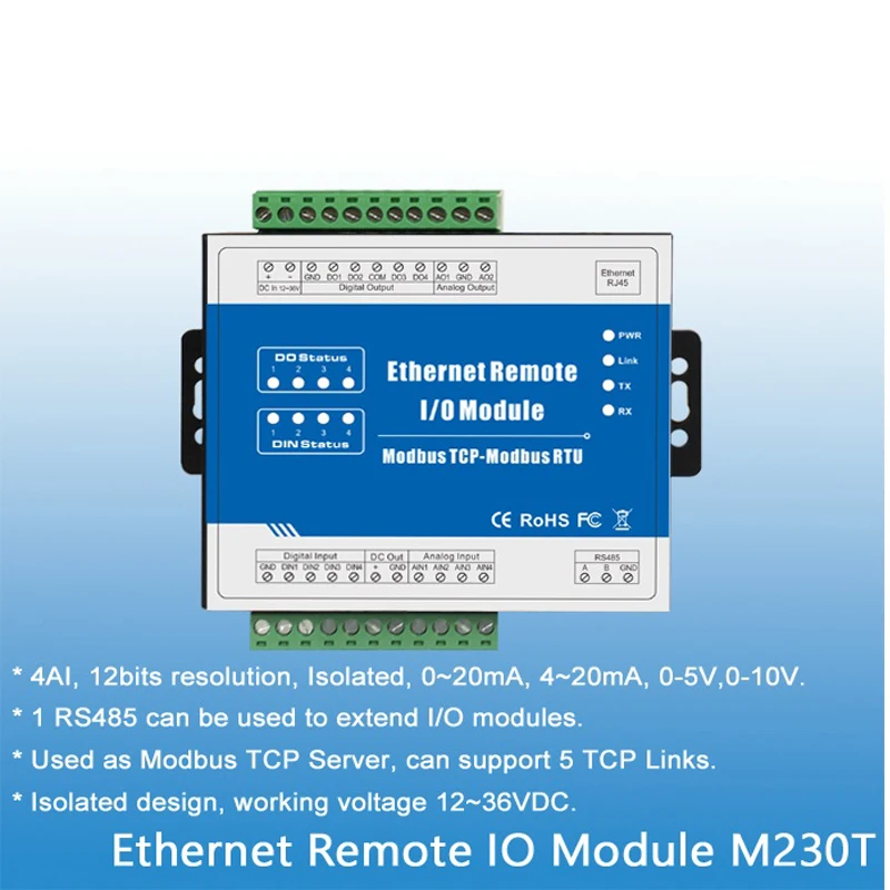 Modbus TCP Ethernet сетевое удаленное I/O Модуль 4 аналогового ввода данных 1 RS485 может