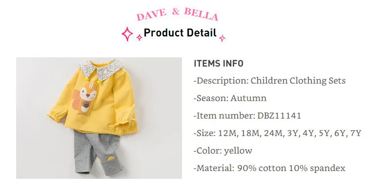 DBZ11141 dave bella/осенние модные комплекты одежды с желтой лисой для маленьких девочек милые детские комплекты с длинными рукавами и героями мультфильмов Детский комплект из 2 предметов