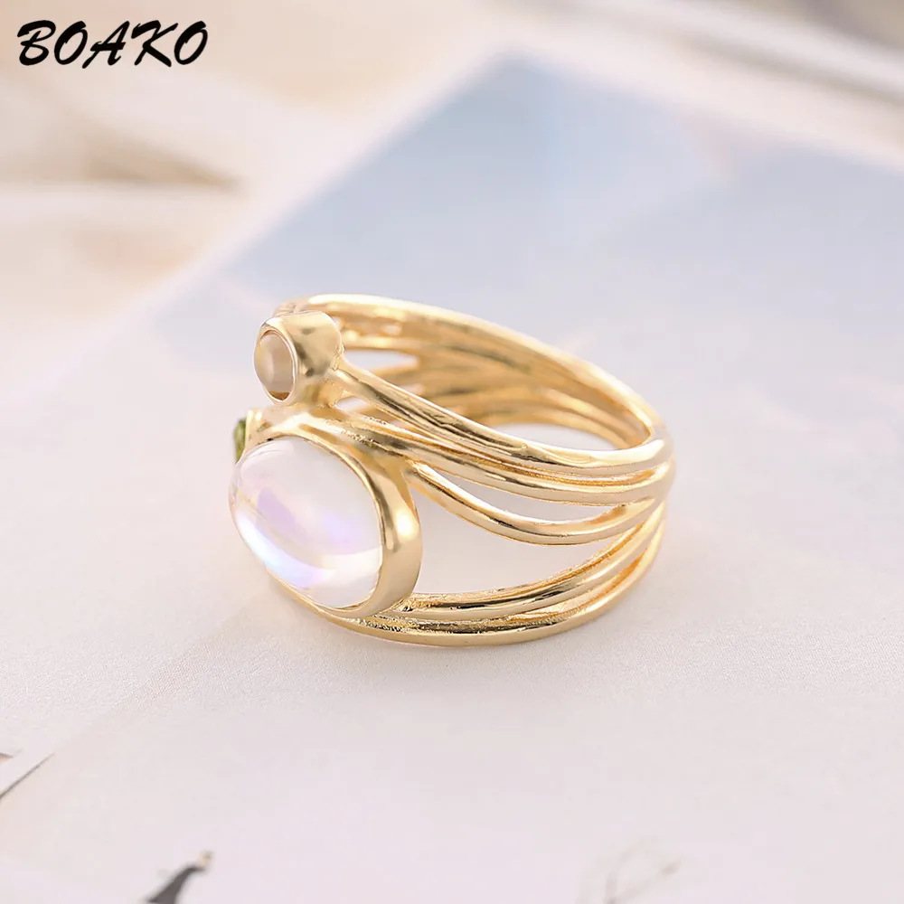 BOAKO Boho Овальный лунного камня из желтого золота кольца для Для женщин Винтаж Радуга Натуральный камень кольцо из белого золота из цветного циркона, хрусталя кольцо обручальное кольцо Bague