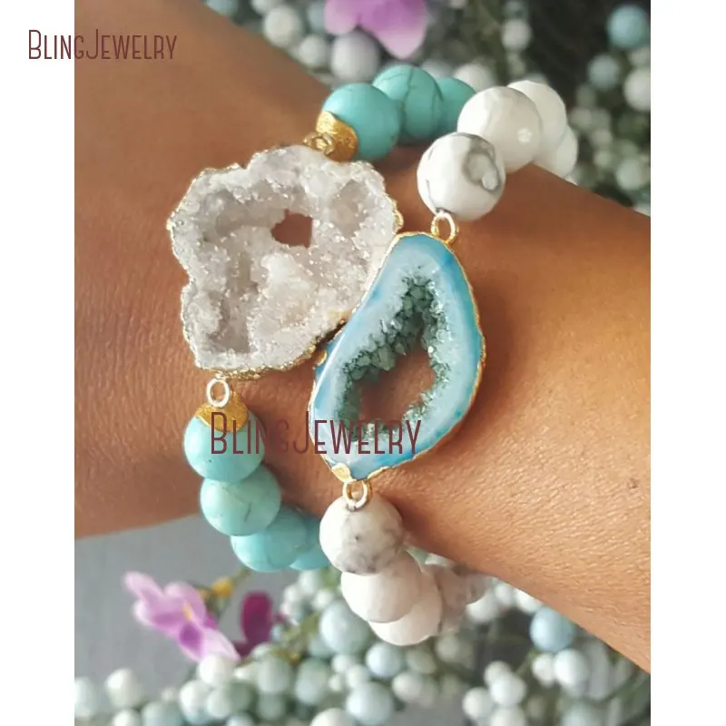 Синий кулон агатес Druzy белый мраморный браслет из говлита белая друга Geode бирюза