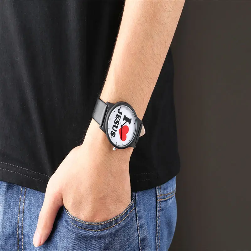 

Man Watch Quartz Analog Leather Band Special I Love Jesus Series Pattern Mens Watches Fashion Large Dial Wristwatch 2019 zegarek