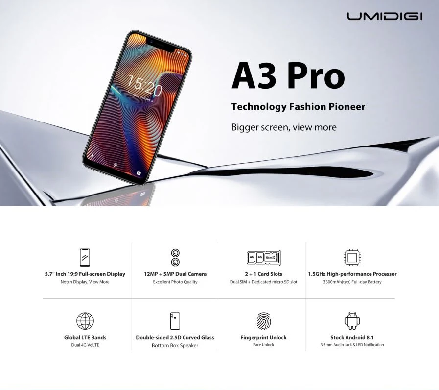 UMIDIGI A3 Pro Globale Della панель 5,7 полноэкранный смартфон 3 ГБ+ 32 Гб 4 ядра Android 8,1 12MP+ 5MP разблокировки мобильного телефона