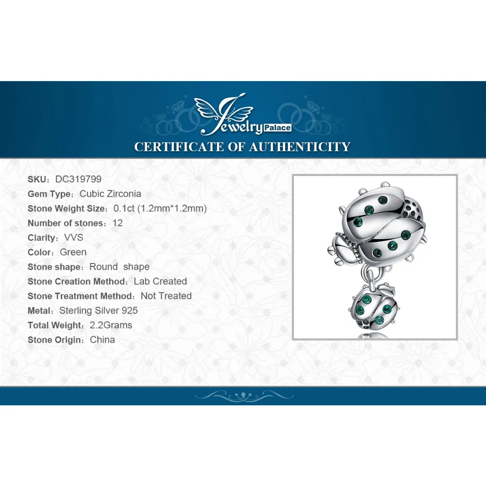 JewelryPalace 925 пробы серебро зеленый фианит матери и ребенка Божья коровка Шарм бисер Fit Браслеты Сделай Сам лучший подарок