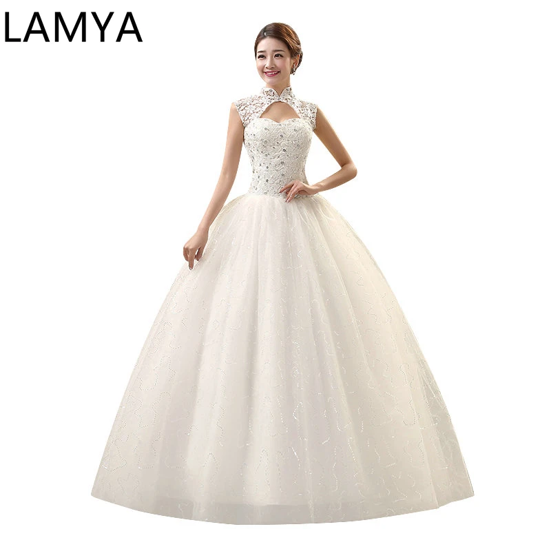 

Vintage Wed Dress Unique High Neck Design Shining Sequined Lace Up Plus Suze Wedding Dress ball gown wedding dresses 201