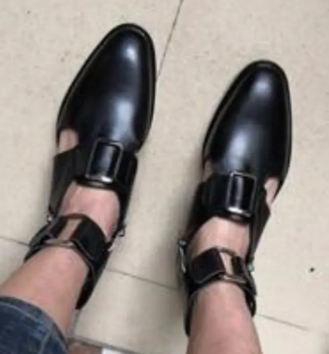 

FR.LANCELOT Flats Black real Leather Cut-outs Buckles Men Sandals Summer Zapatos De Mujer Shoes man