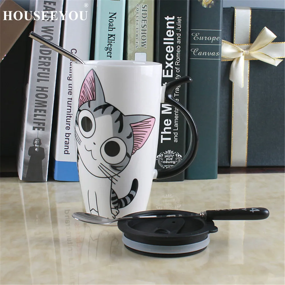 Прямая поставка 600 мл креативная керамическая кружка с котом и крышкой ложкой