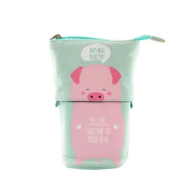 pink pig green Подставка-трансформер для хранения карандашей, Холщовый+ полиуретановый мультяшный милый кот, телескопический чехол для карандашей, сумка для канцелярских принадлежностей, чехол для ручек с застежкой-молнией - Цвет: pink pig green