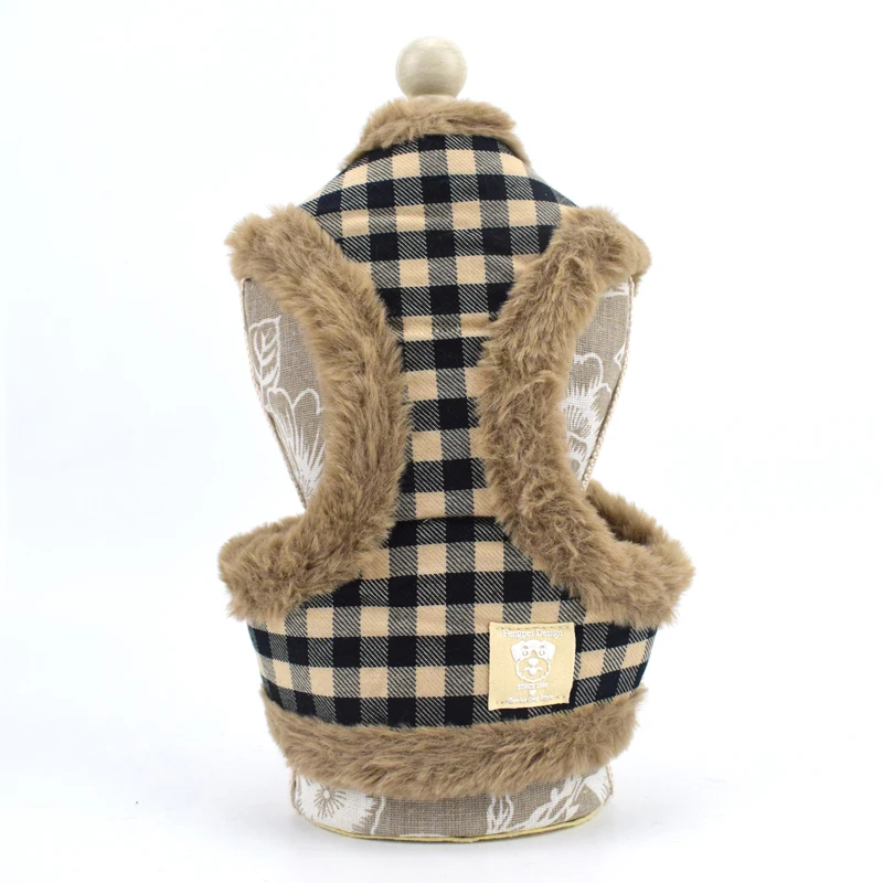 Plaid Coffee Зимний теплый комплект для собак, кошек, поводок для собак, толстый искусственный мех, мягкая шлейка для собак, жилет, плюшевый пудель, маленькая собака, arnes perro, s, m, l - Цвет: Plaid Coffee