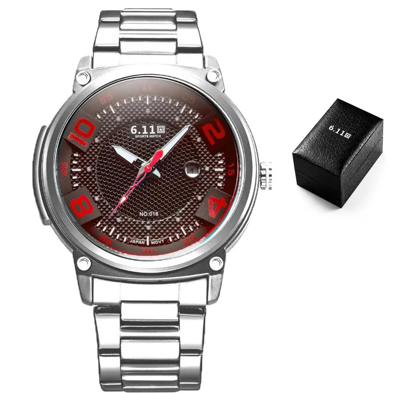 SILVER BAND RED 6,11 мужские модные часы со стальным синим стеклом на солнечных батареях, армейские военные уличные кварцевые часы, мужские спортивные часы - Цвет: SILVER BAND RED