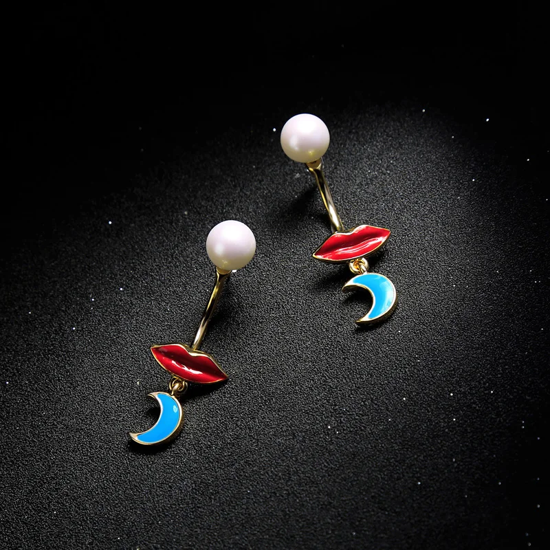Banny Pink Cute Red Lip Blue Crescent Moon Pendant Earrings For Women Chunky Statement Dangle Free Wear Drop | Украшения и