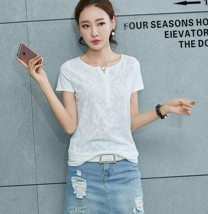 

T Shirt Women Summer Short Sleeve V-Neck Cotton Tees Tops Female Color Embroidery Casual T-Shirts Plus size white 3XL