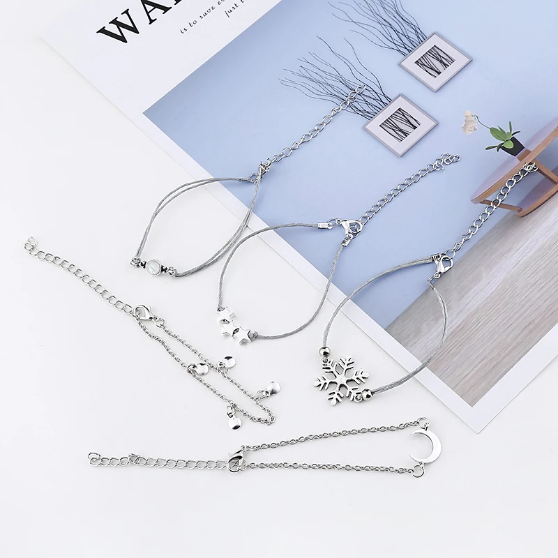 YAOLOGE 5 Pcs/ Set Punk Snowflake Moon Star Crystal Rope Chain Multilayer Pendant Couples Bracelet Charm Girl Jewelry Gift | Украшения и