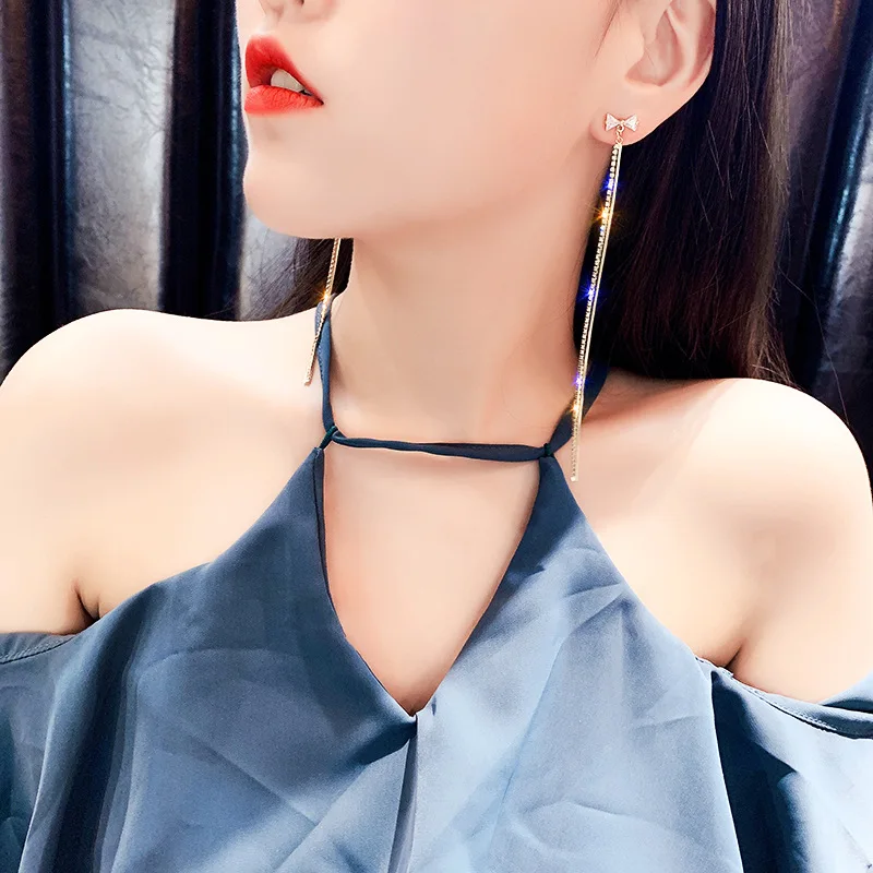 

DREJEW Long Tassel Gold Silver Butterfly Statement Earrings Crystal 925 Drop Earrings for Women Wedding Jewelry