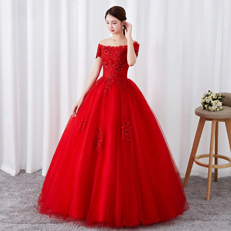 

Red Tulle Quinceanera Dresses Off The Shoulder Lace Appliques Ball Gown Sweet 16 Quinceanera Dresses Short Sleeve Prom Gowns