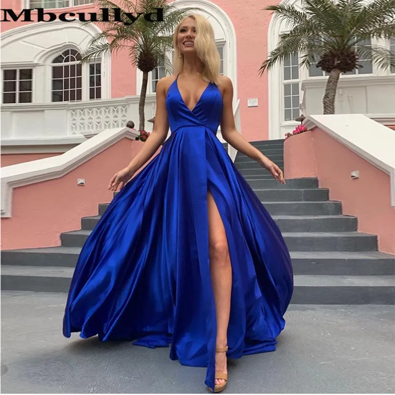 Mbcullyd ТРАПЕЦИЕВИДНОЕ ярко синее вечернее платье с высоким разрезом 2020 эластичное