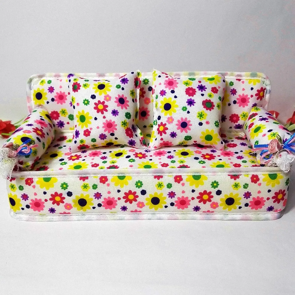 5 шт. симпатичная мебель для кукольного домика цветочная ткань диван с 2 подушками
