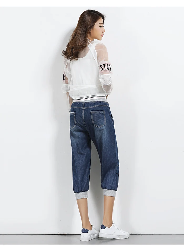 Женские свободные джинсовые капри LEIJIJEANS, повседневные мягкие синие спортивные капри из денима с эффектом потертости, удобные широкие джинсы с эластичной талией, большие размеры, лето