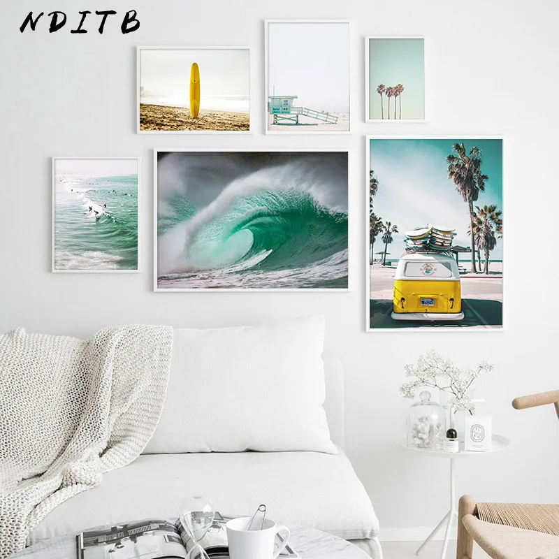 Scandinavian Poster Nordic Ocean Waves Surfing Wall Art Canvas Print Seascape Painting Tropical Decoration Picture Home Decor | Дом и сад