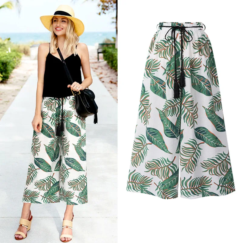 Summer Beach Wide Leg Pants for Female Chiffon Floral Print High Waisted Ankle-Length Slimming Trousers 456XL Dropshipping SP023 | Женская