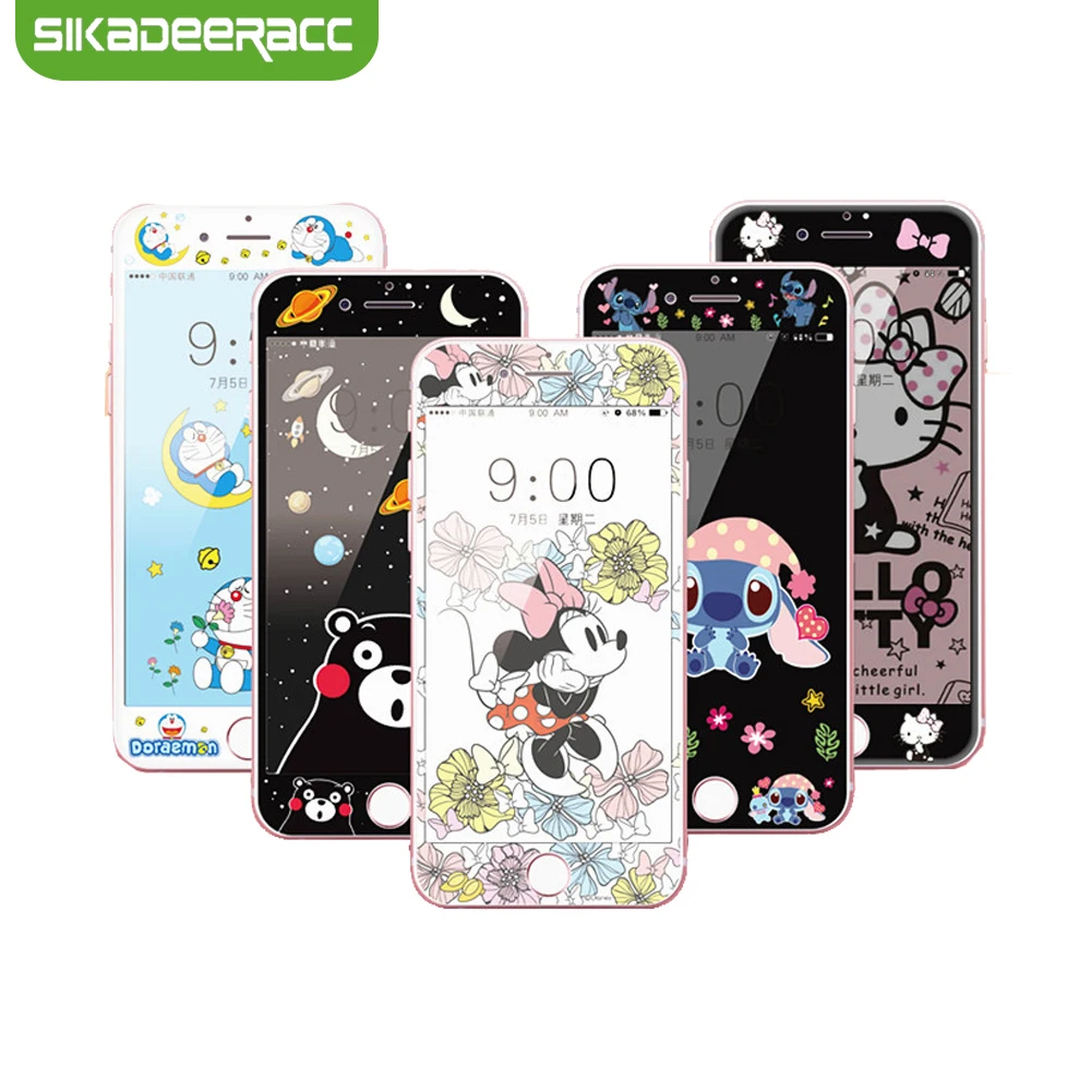 3D углеродное волокно мультфильм Закаленное стекло пленка для iPhone 6 6s 7 8 Plus Kitty Doraemon мышь Кумамон защитный экран протектор